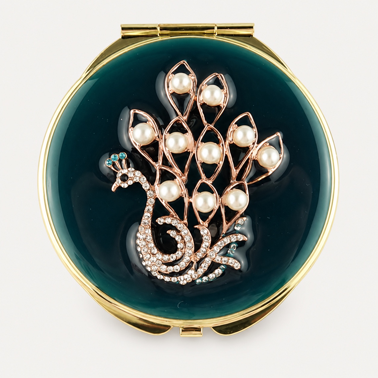 Pearl Peacock on Teal Enamel Jeweled Compact Mirror