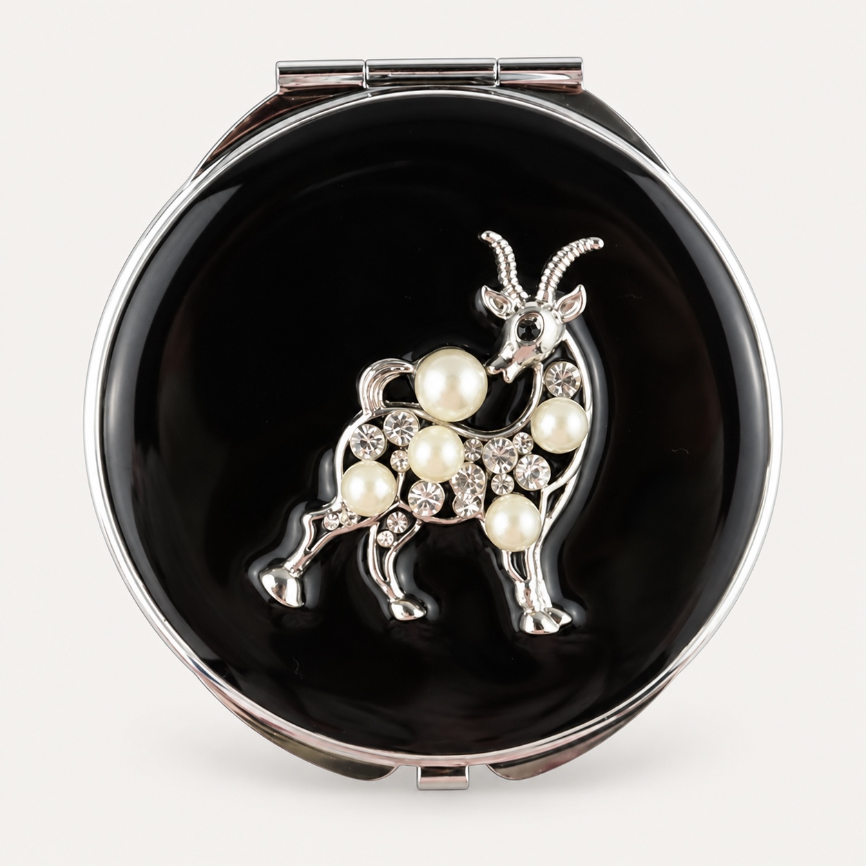 Pearl Capricorn Goat Jeweled Compact Mirror