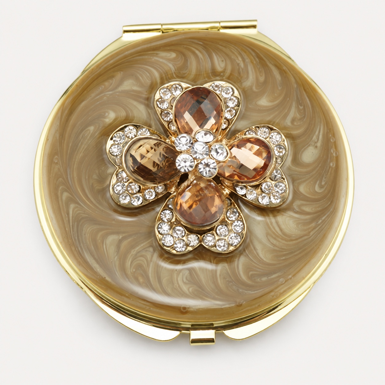 Champagne Crystal Flower Jeweled Compact Mirror