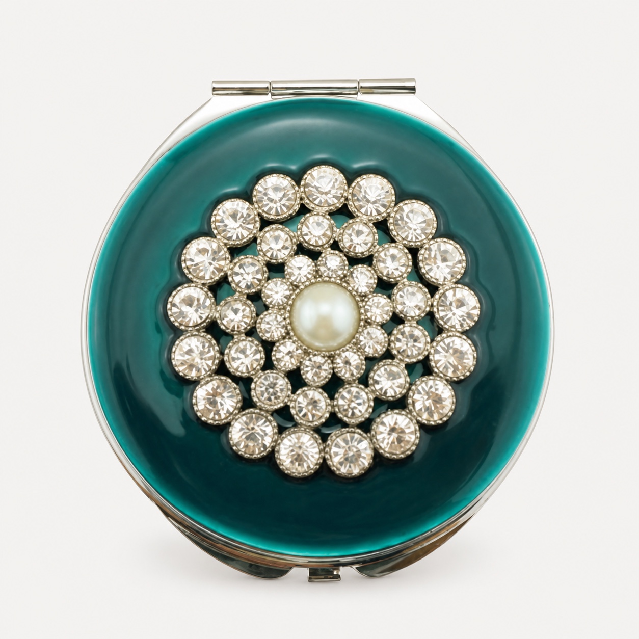 Rhinestone Compact Mirror Peacock Blue Enamel