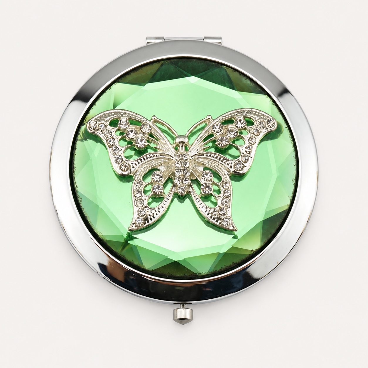Faceted Green Crystal Butterfly Jeweled Compact Mirror