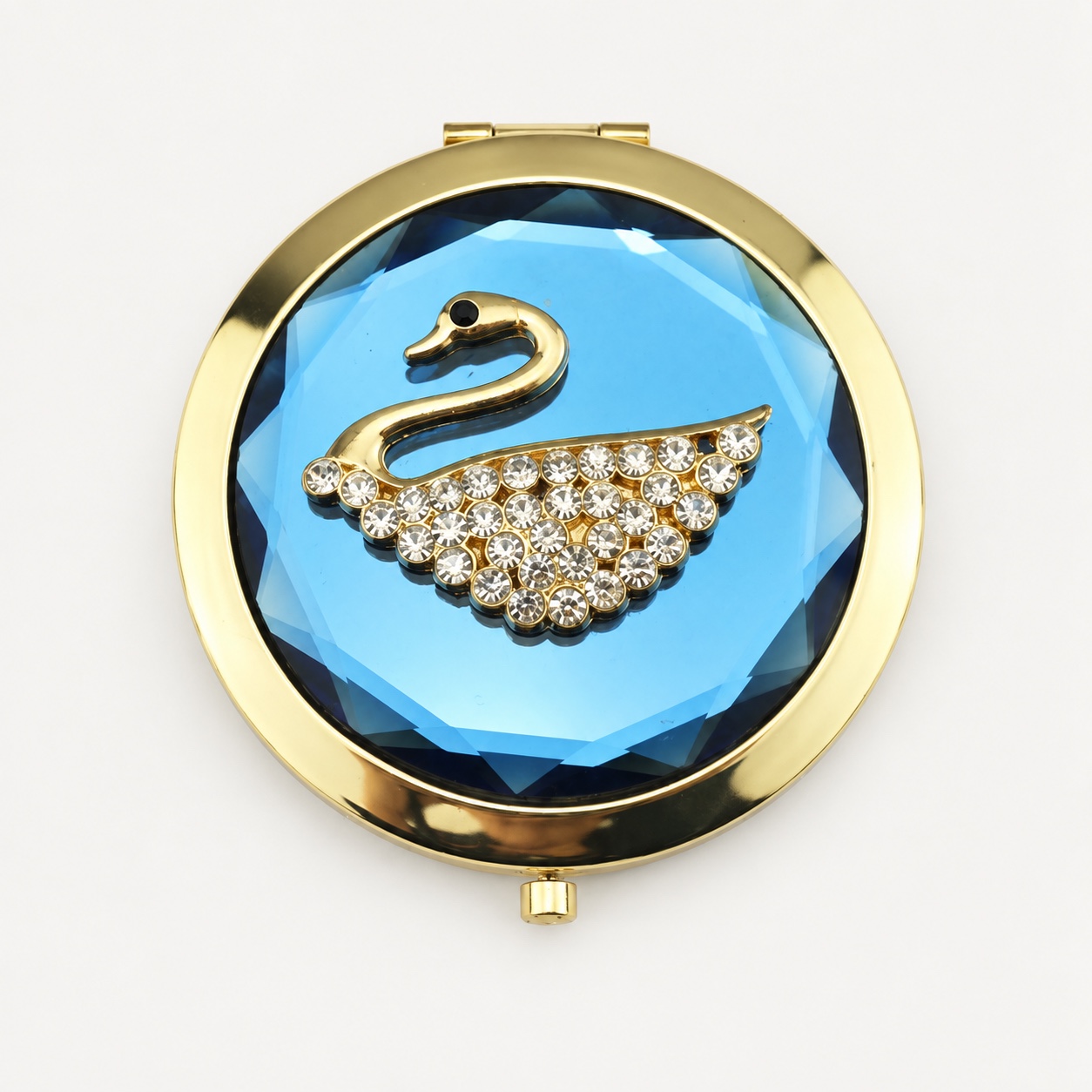 Faceted Blue Crystal Swan Jeweled Compact Mirror