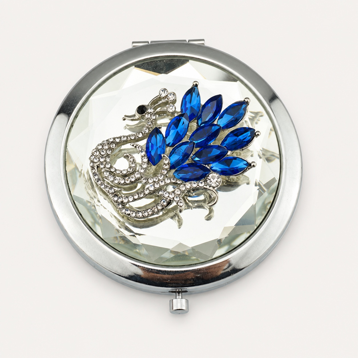 Faceted Silver Peacock Jeweled Compact Mirror