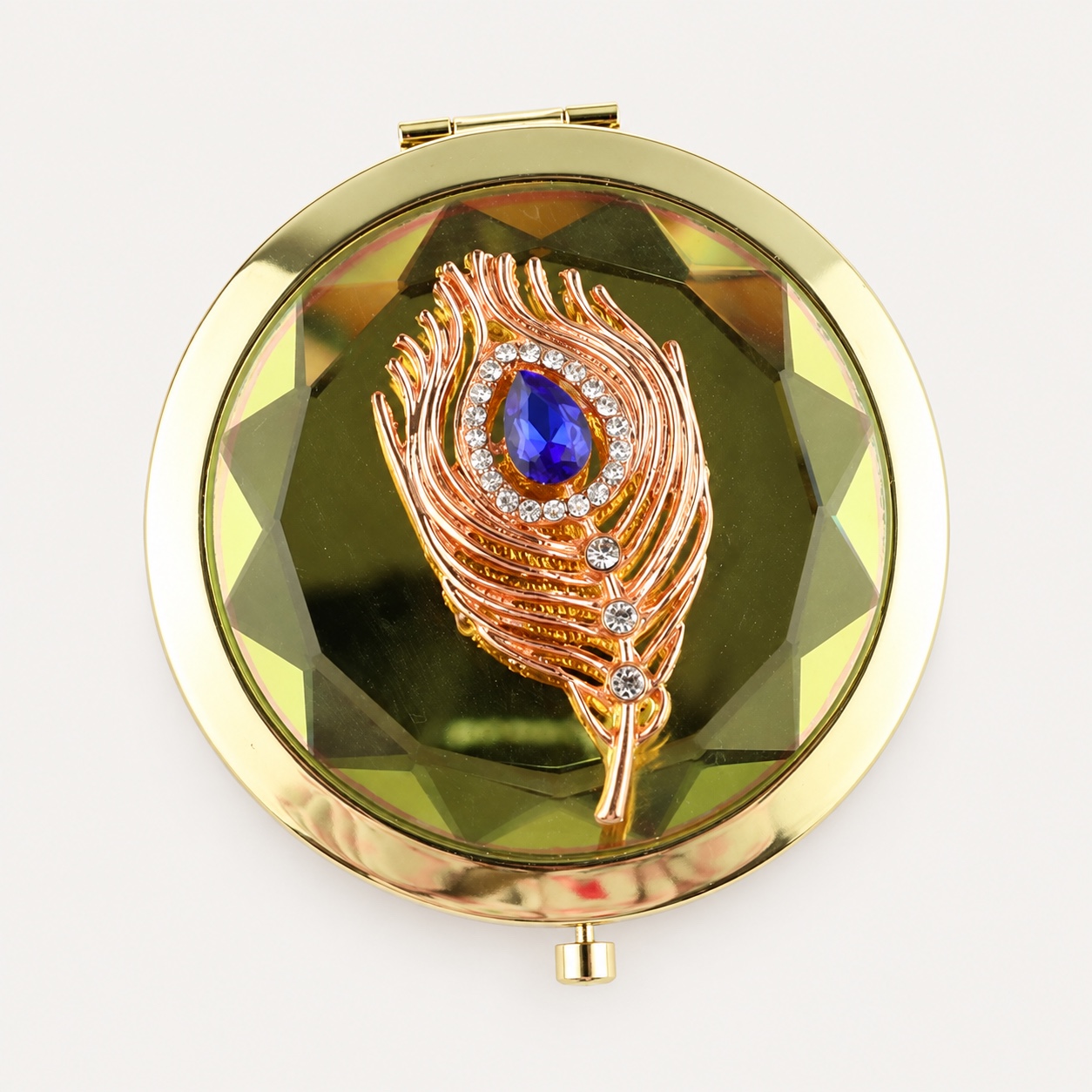 Faceted Peacock Feather Jeweled Compact Mirror