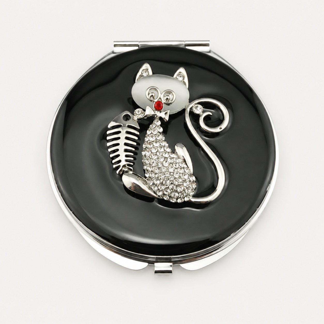 Black Enamel Crystal Cat Jeweled Compact Mirror
