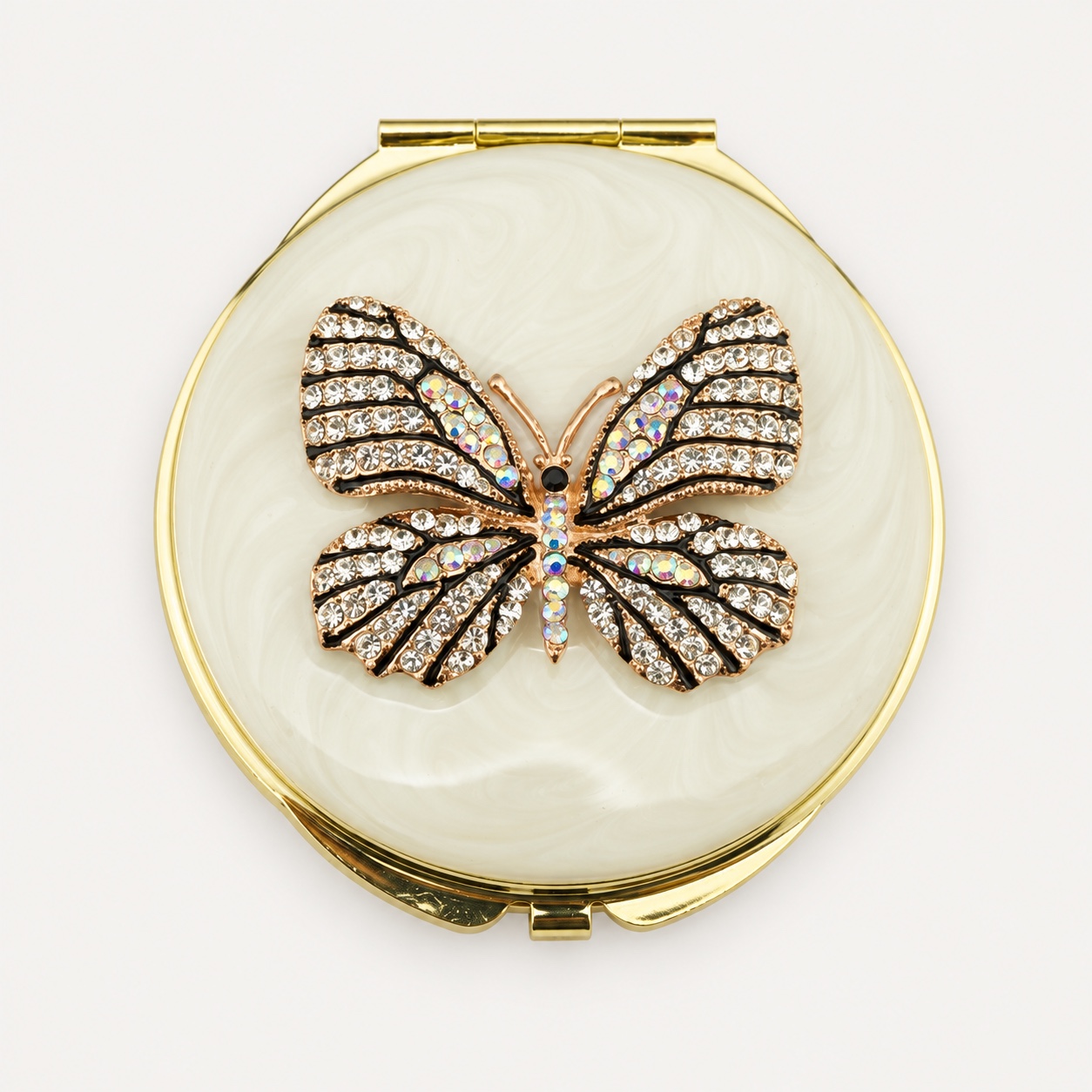 Black Stripe Crystal Butterfly Jeweled Compact Mirror