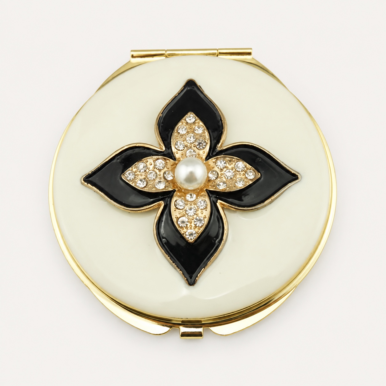 Black Enamel Four-Petal Flower Jeweled Compact Mirror