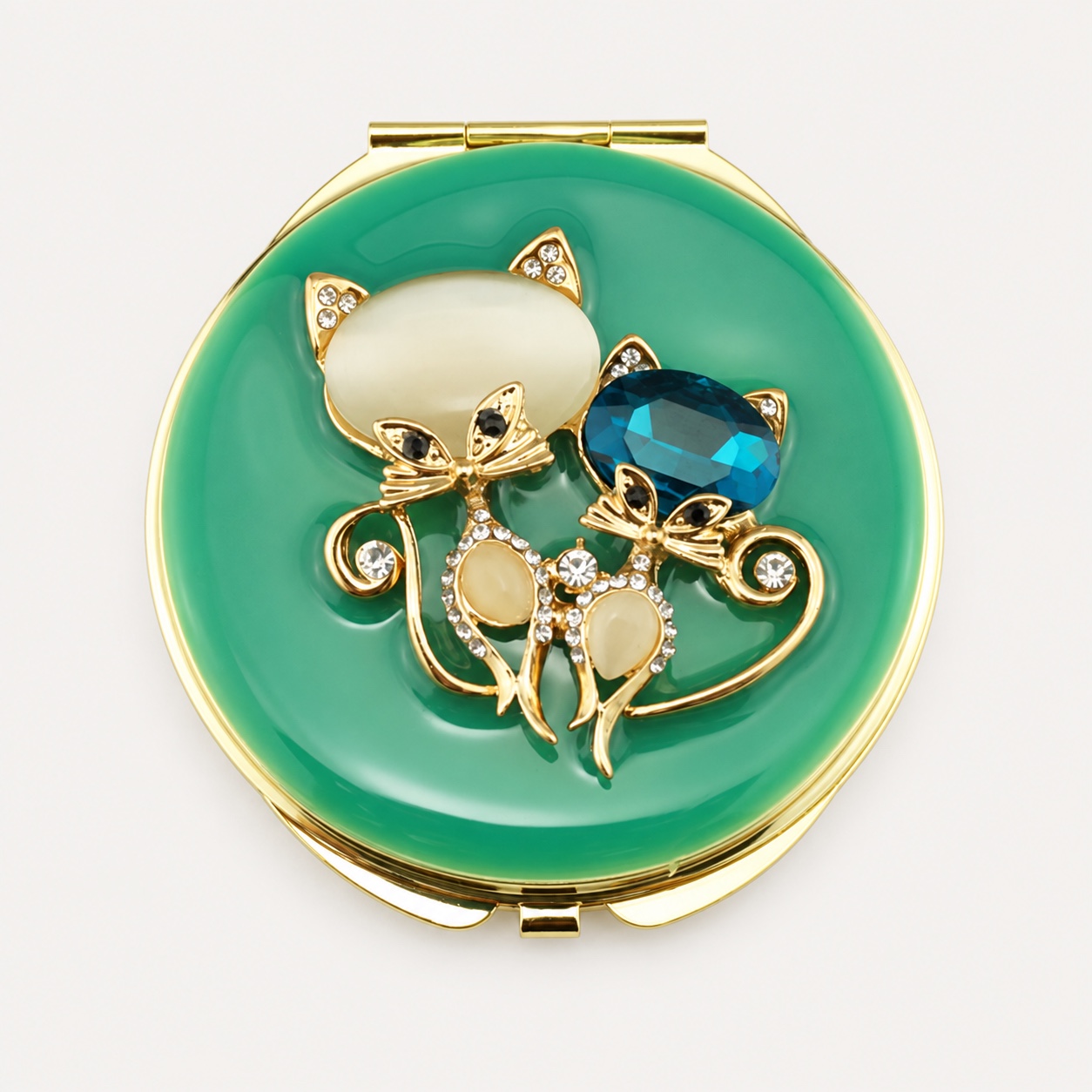 Teal Enamel Jeweled Cat Jeweled Compact Mirror