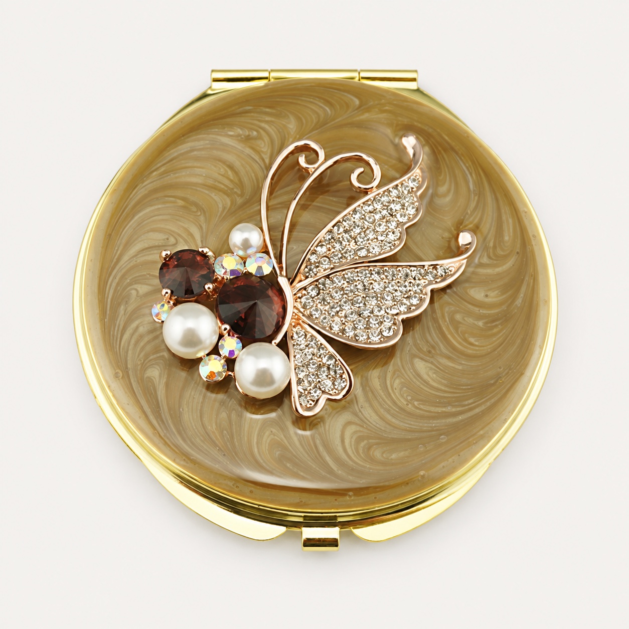 Crystal Pearl Butterfly Jeweled Compact Mirror
