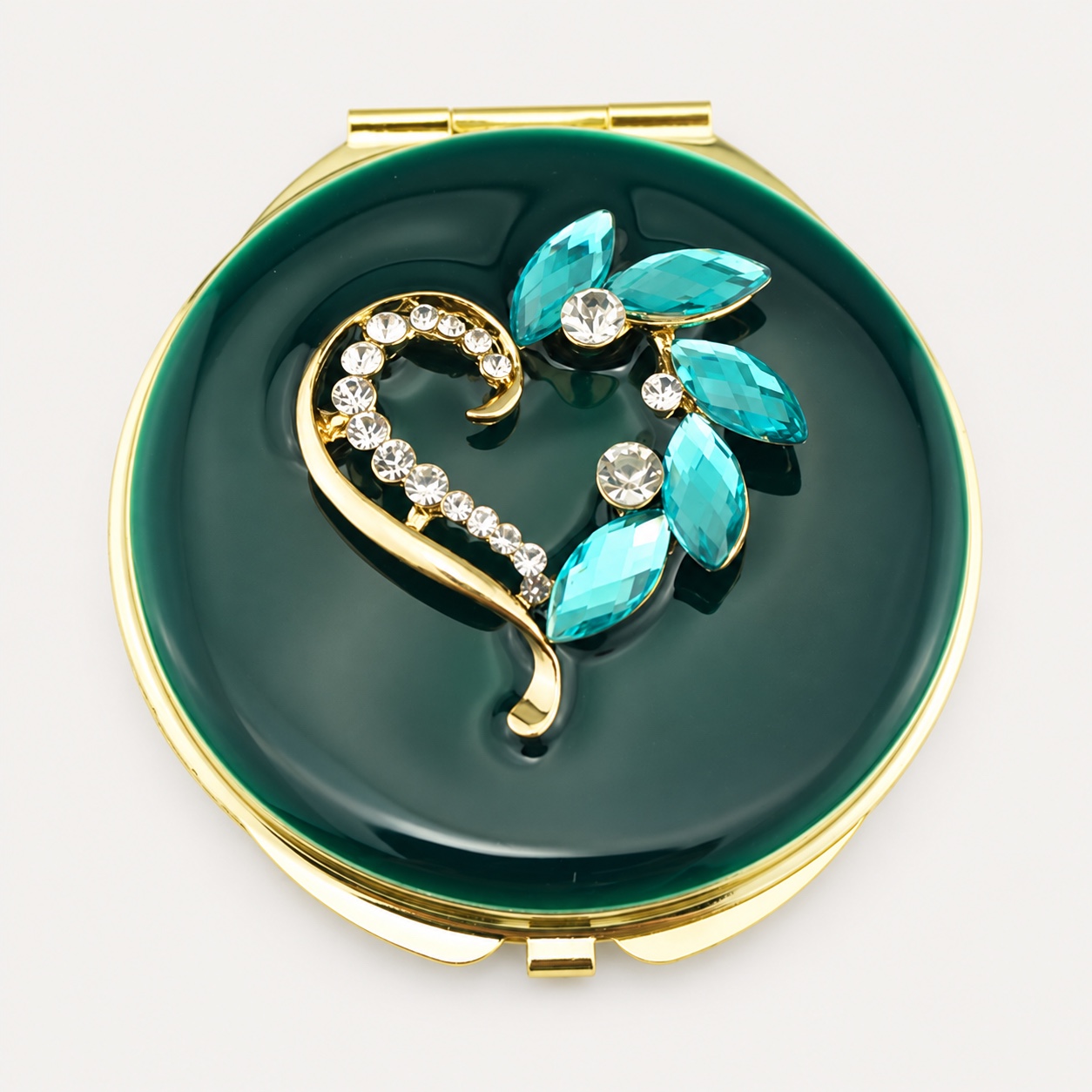 Blue Crystal Leaf Heart Jeweled Compact Mirror