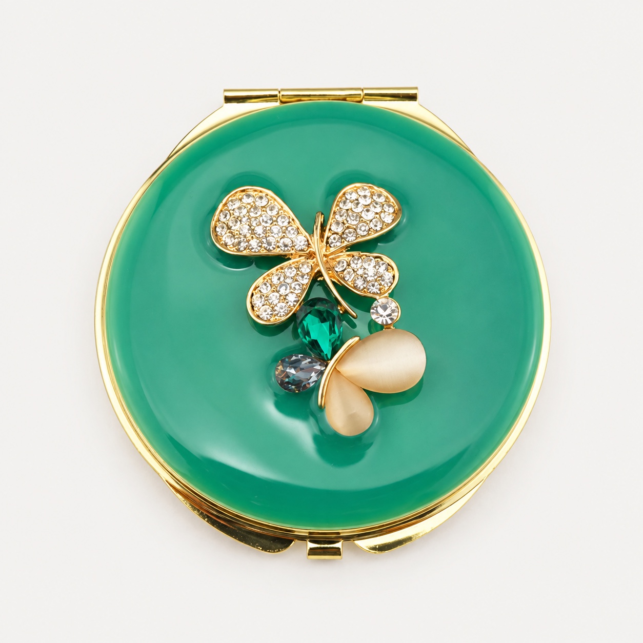 Teal Floral Butterfly Jeweled Compact Mirror