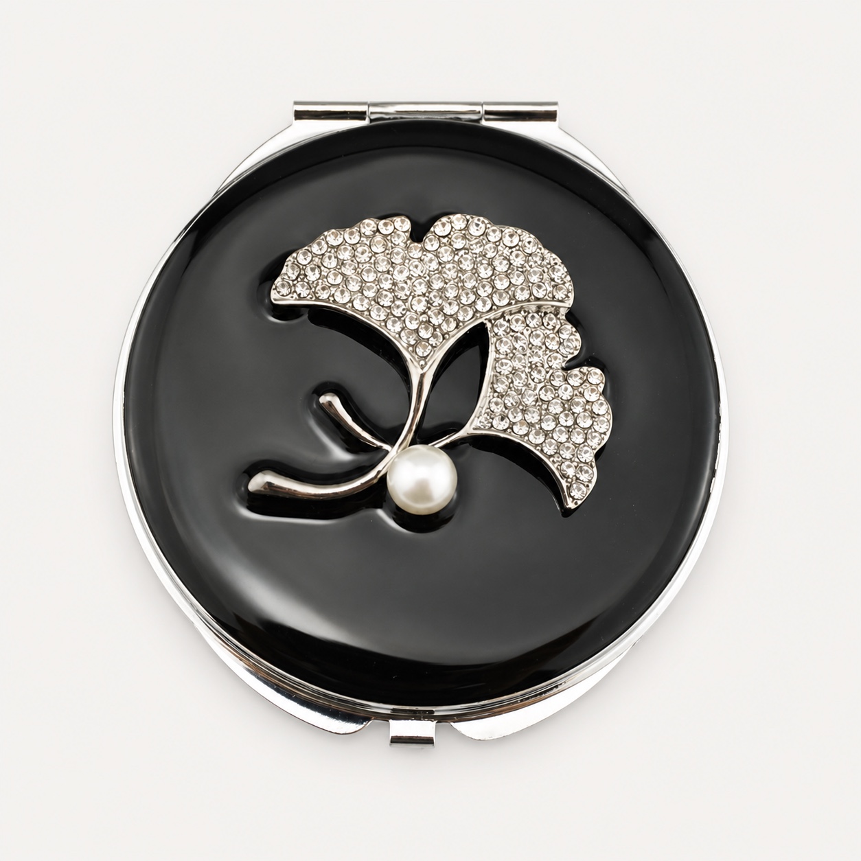 Crystal Ginkgo Leaf Jeweled Compact Mirror