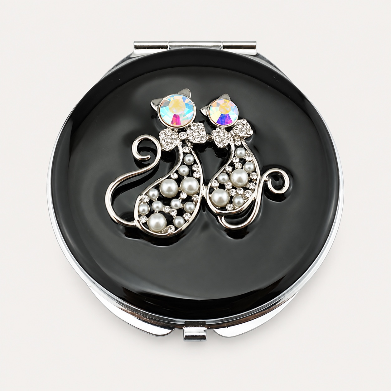 Pair of Crystal Cats Jeweled Compact Mirror