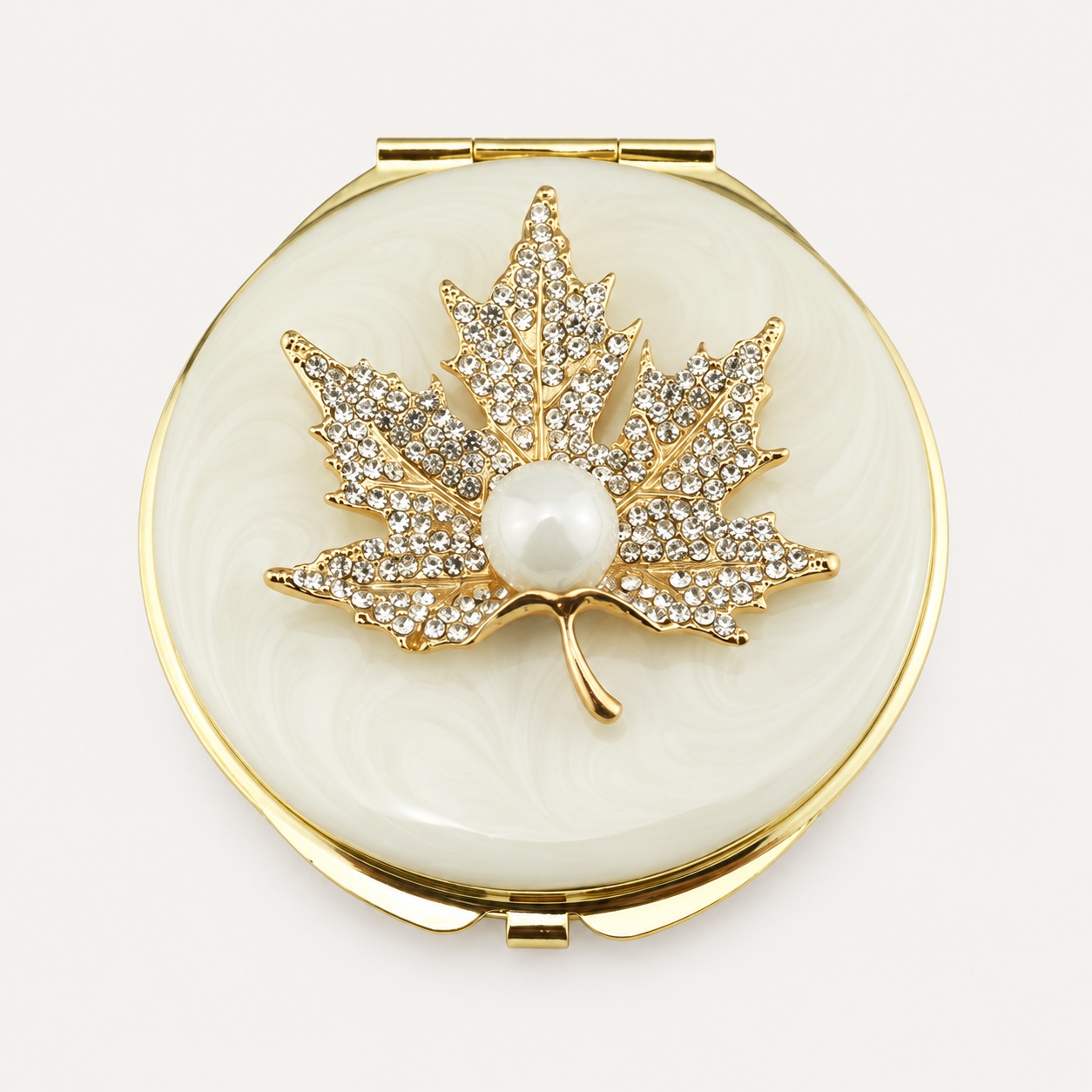 Pearl Maple Leaf Jeweled Compact Mirror