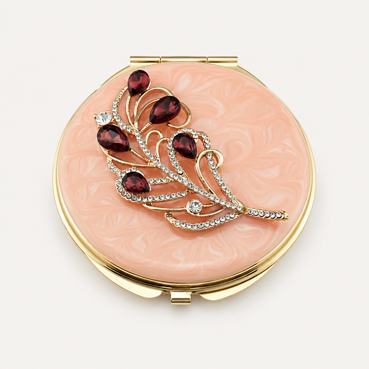 Burgundy Crystal Feather Jeweled Compact Mirror