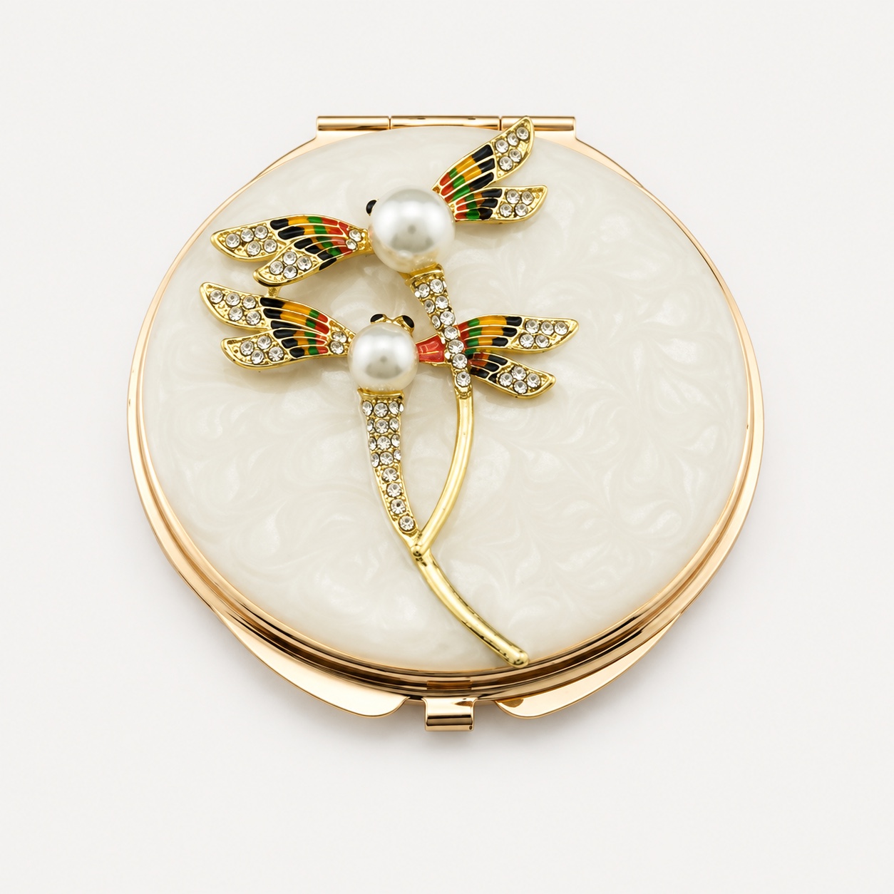 Pearl Dragonfly Trio Jeweled Compact Mirror