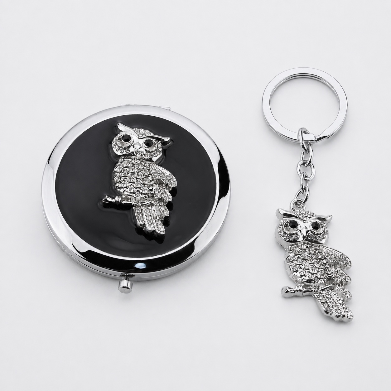 Crystal Owl Compact Mirror & Keychain Set