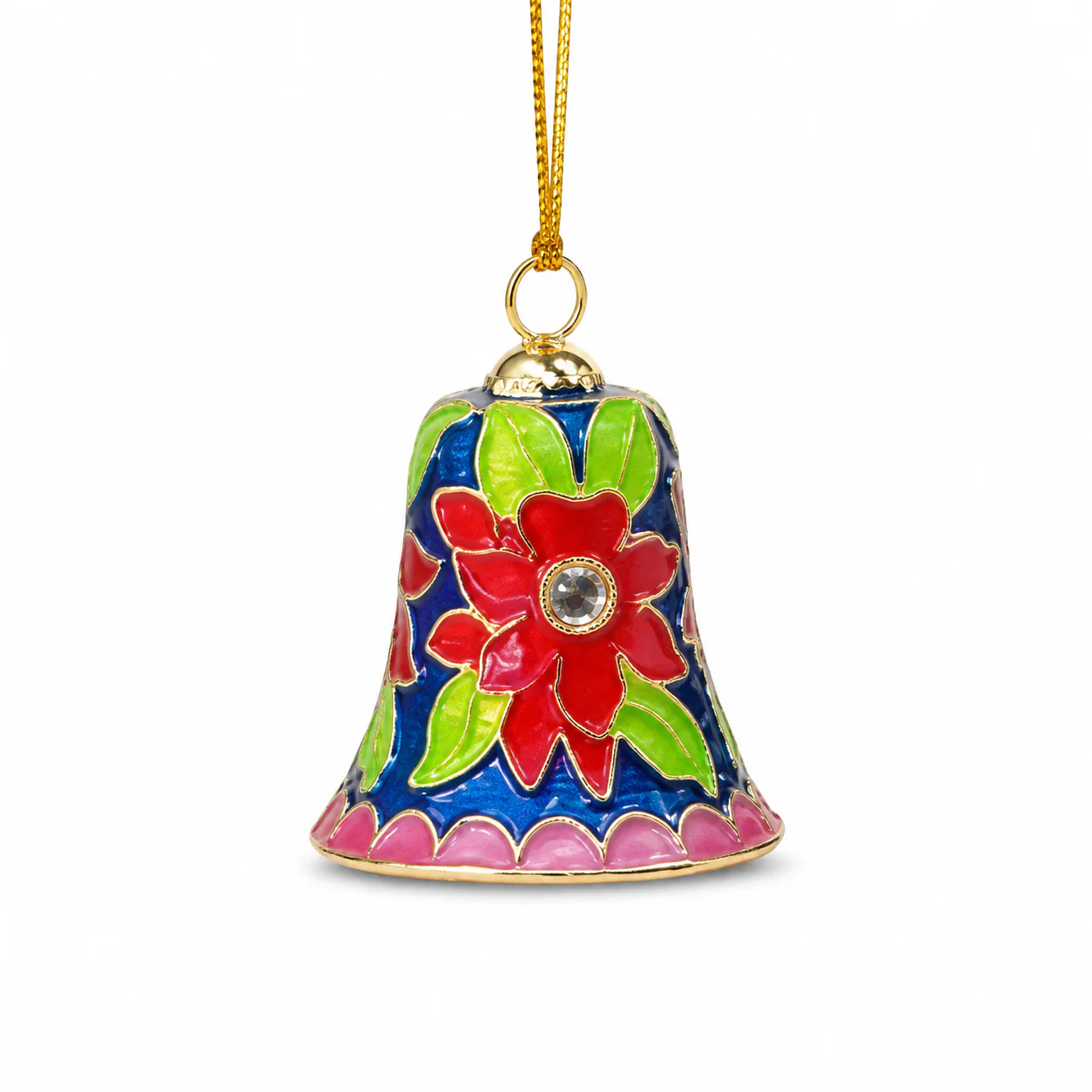 Blue Poinsettia Cloisonne-Style Bell Christmas Ornament