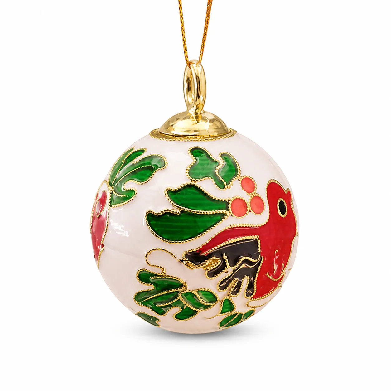 White Red Bird Cloisonne-Style Ball Christmas Ornament