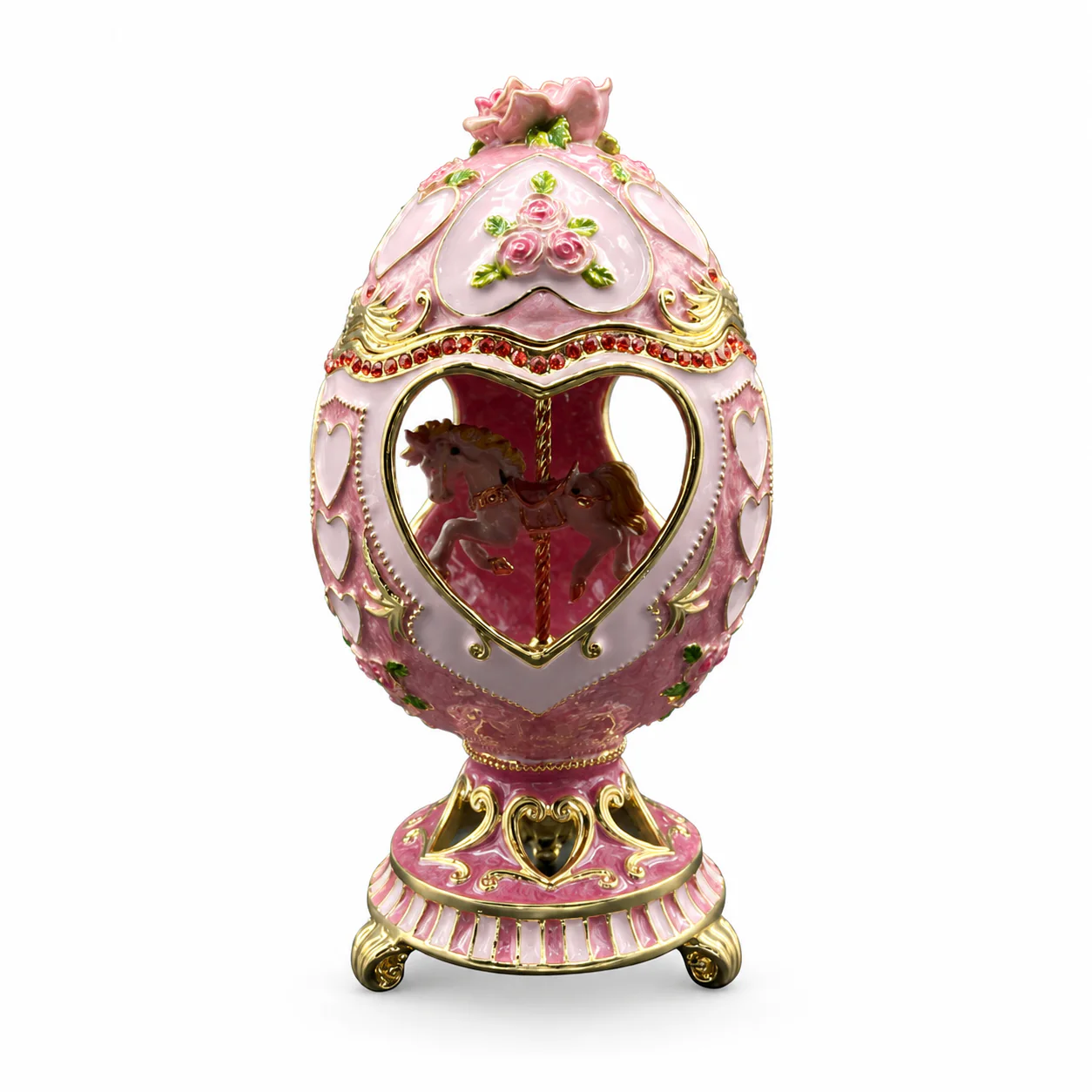Pink Heart Window Floral Egg Trinket Box