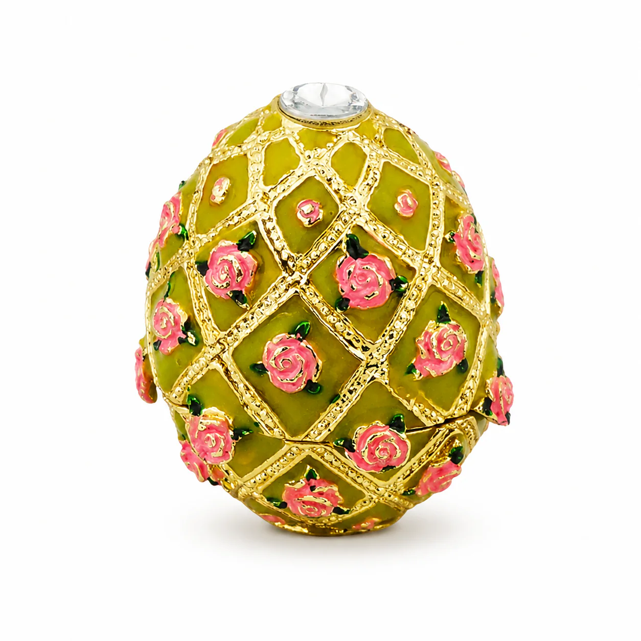 Detailed rose trellis egg showing customizable color and crystal decoration