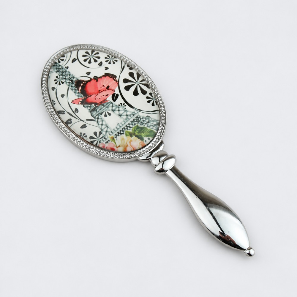 Silver-Tone Printed Oval Metal Hand Mirror
