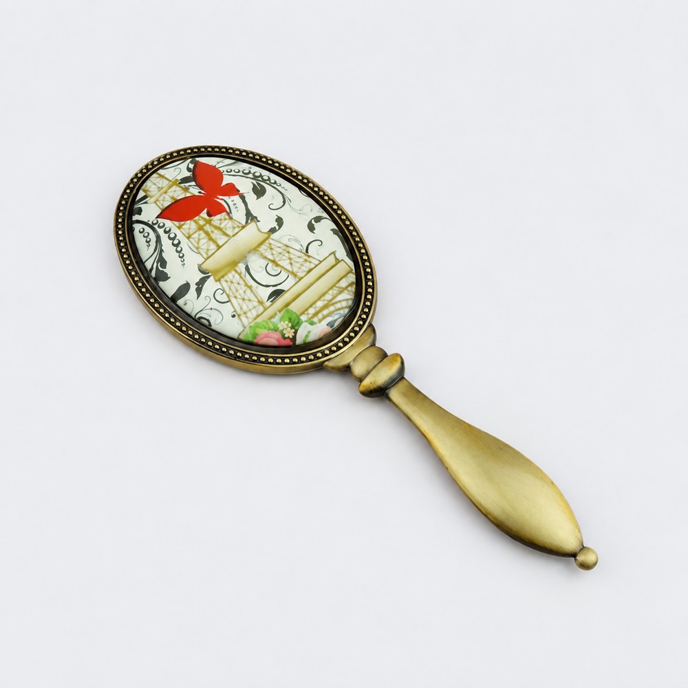 Antique-Finish Printed Oval Metal Hand Mirror