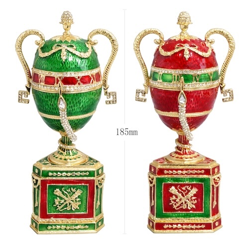 Red and green swan-handled decorative egg trinket boxes