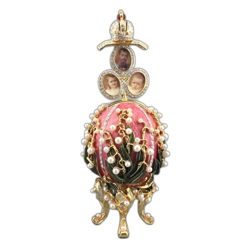 Collectible pink family portrait egg on a white background
