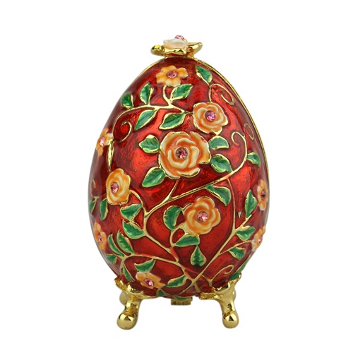 Red enamel spring egg trinket box with raised roses