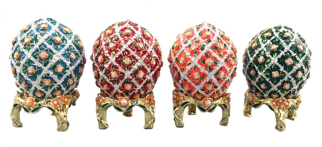 Four colorful floral crystal egg trinket boxes for Easter gifting