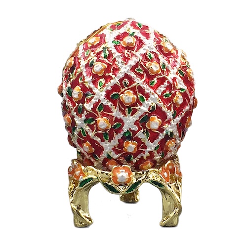 Red crystal lattice egg trinket box with floral ornamentation