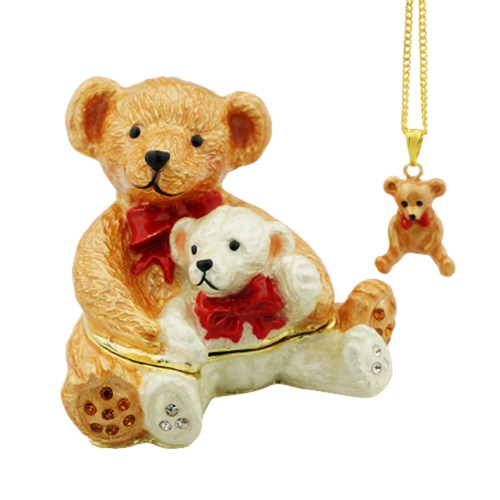 Teddy Bear with Puppy Trinket Box & Necklace Set