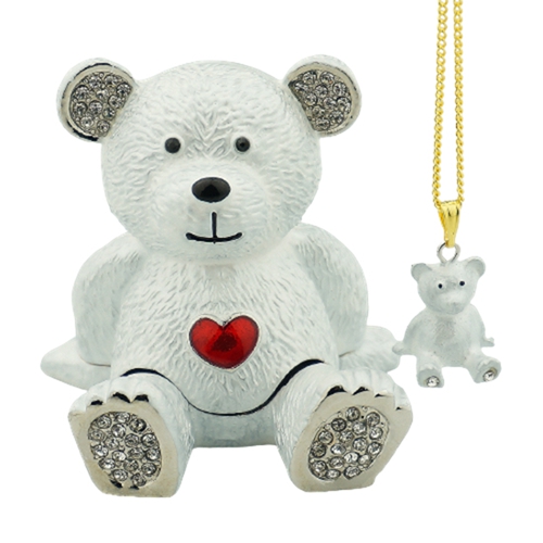 White Teddy Bear Trinket Box & Necklace Set