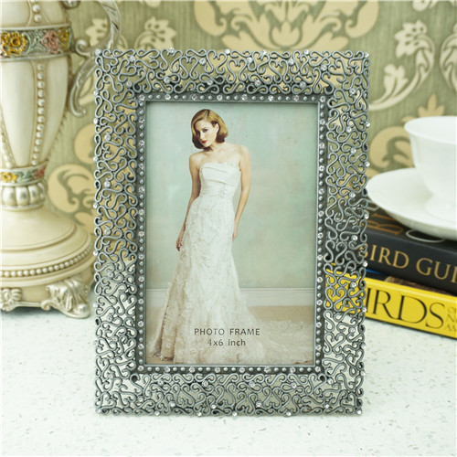 Antique Silver Scrollwork Crystal Photo Frame