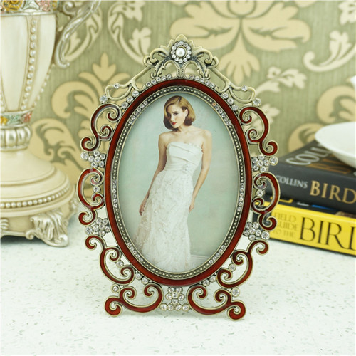 Red Enamel Baroque Oval Jeweled Photo Frame