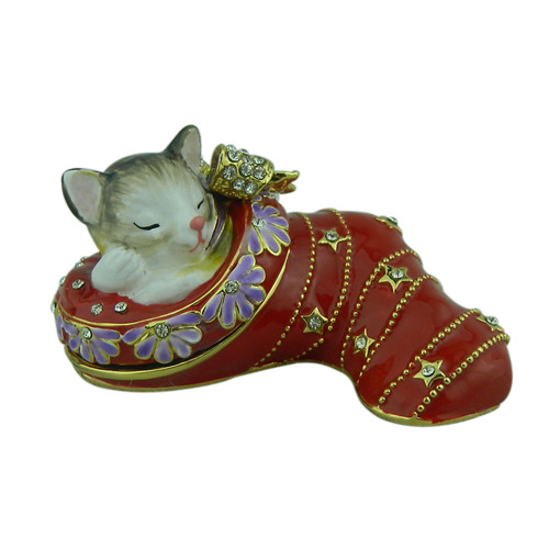Sleeping Cat in Red Slipper Animal Trinket Box