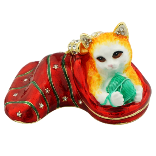 Christmas Kitten in Red Slipper Trinket Box