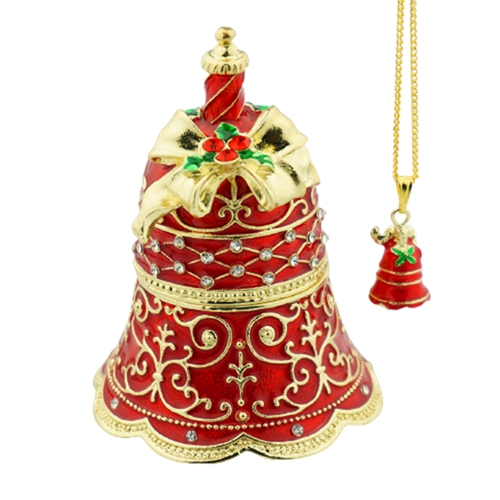 Red Scrollwork Christmas Bell Ornament Trinket Box