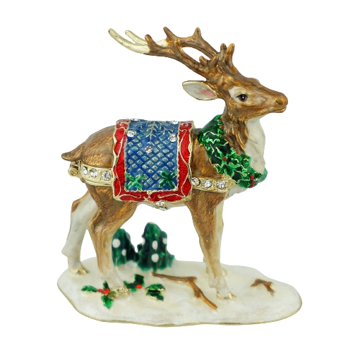 Winter Reindeer with Blue Saddle Trinket Box