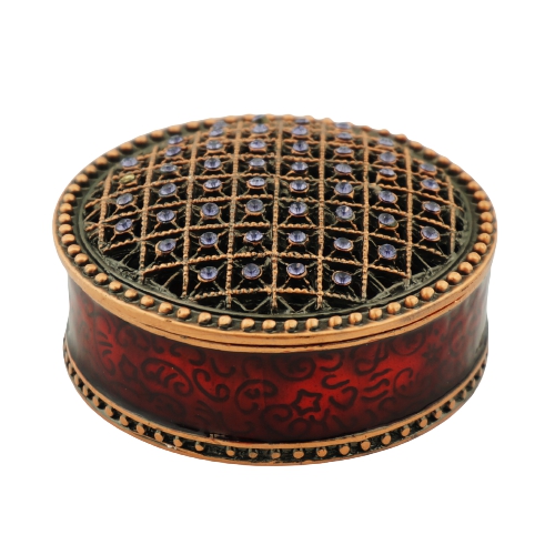Vintage Red Filigree Crystal Round Trinket Box