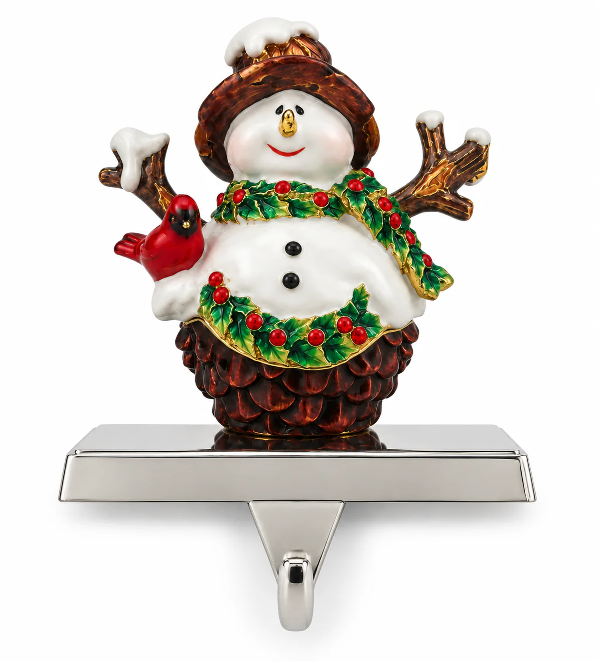 Pinecone Snowman Metal Stocking Holder