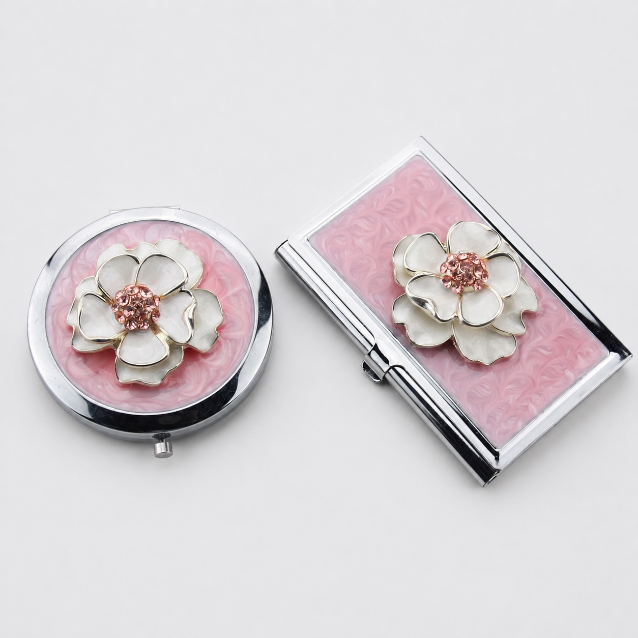 Pink Blossom Compact Mirror & Card Holder Set