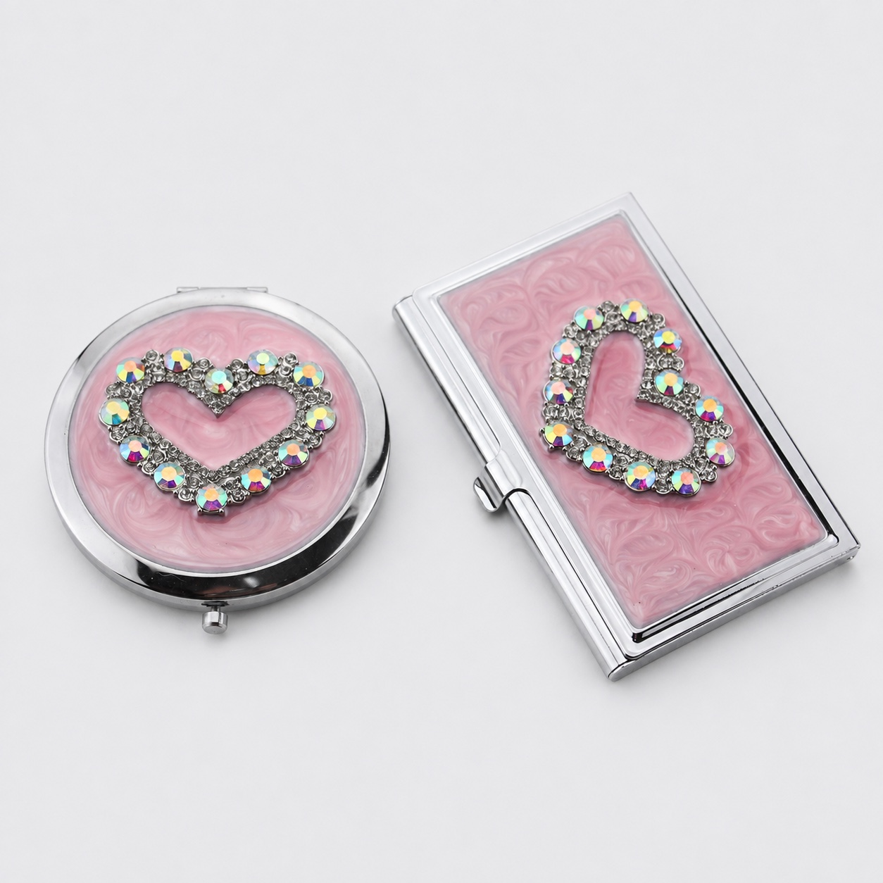 Pink Heart Compact Mirror & Card Holder Set