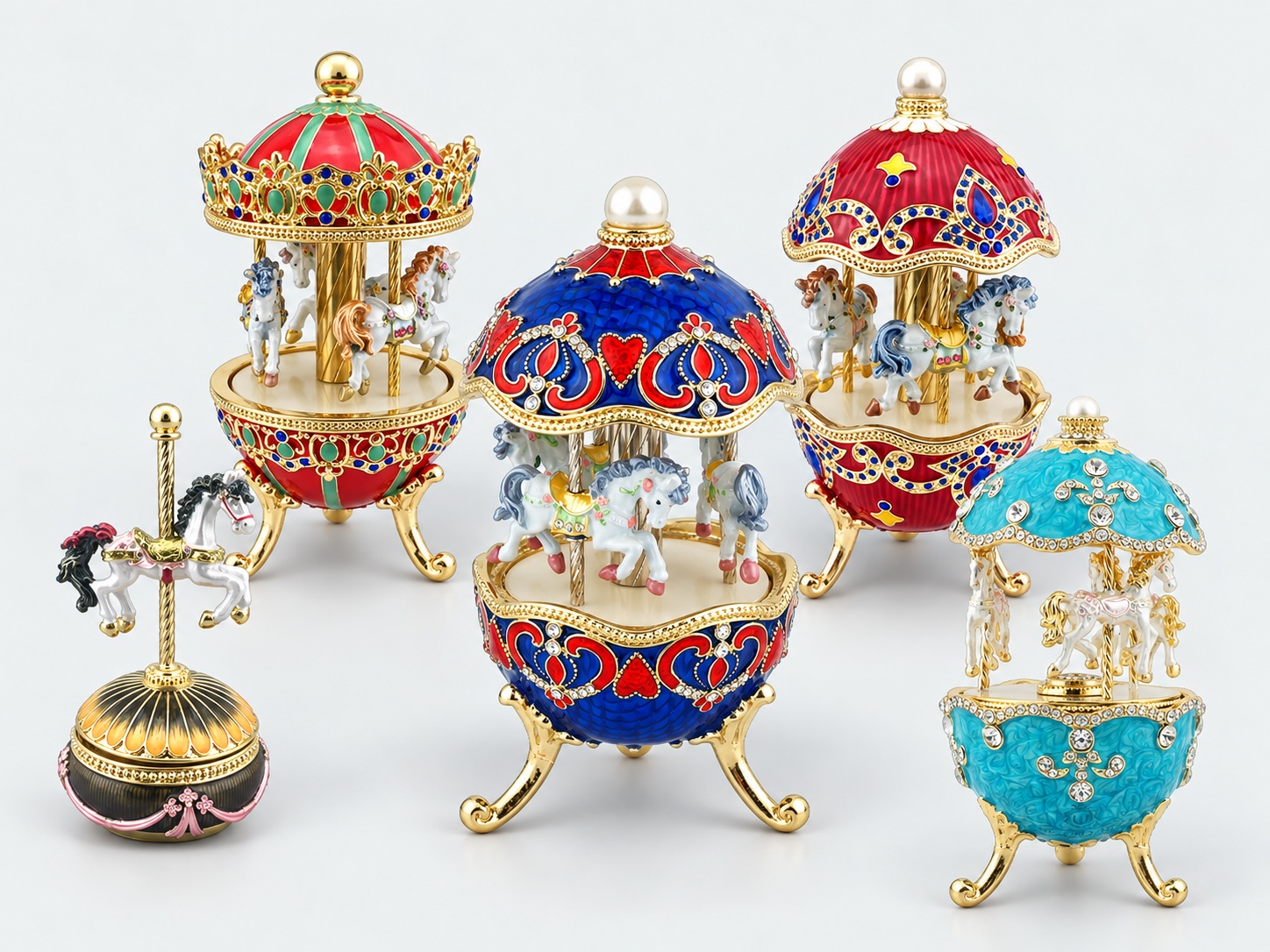 A collection of decorative metal music boxes