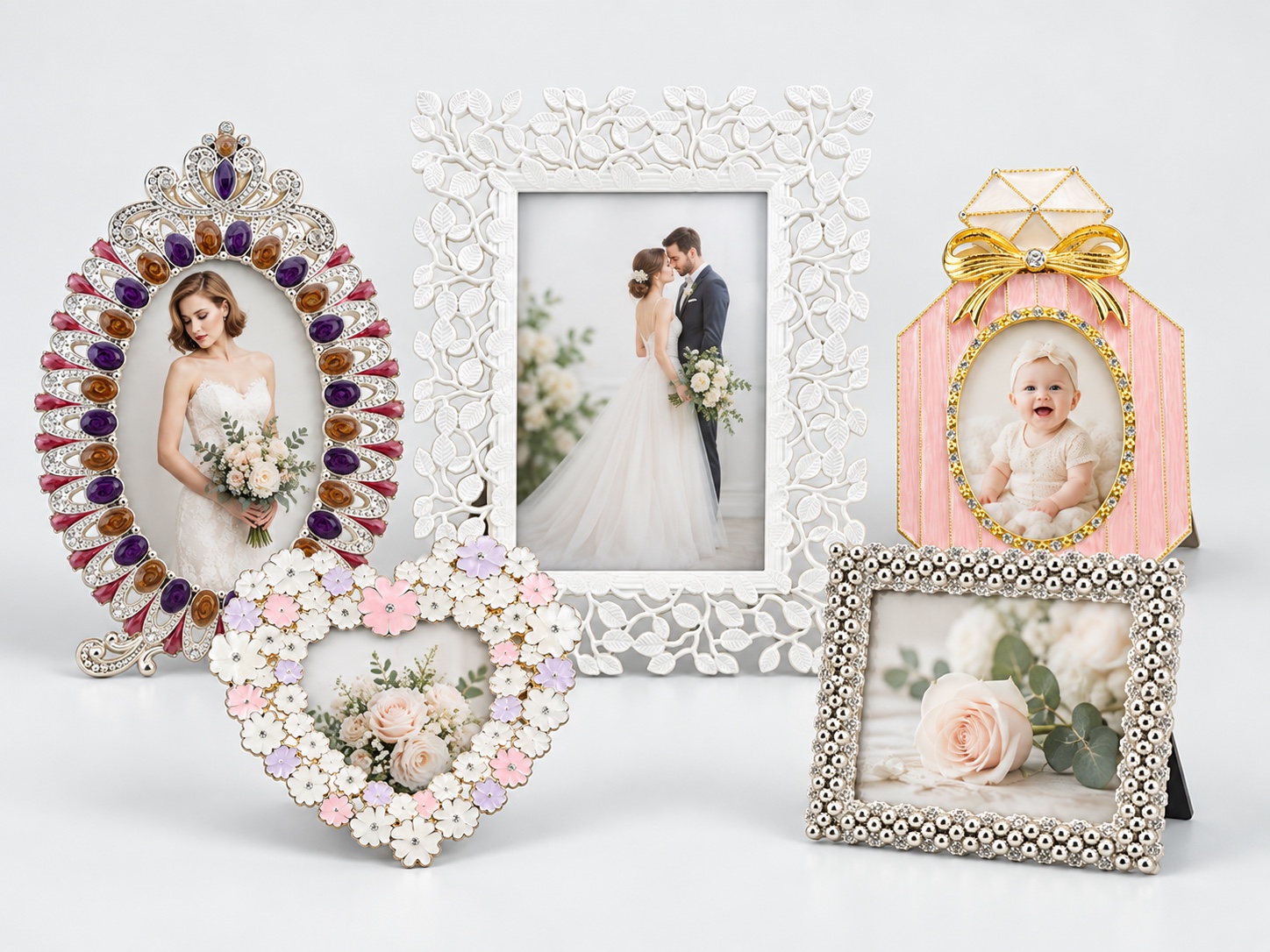 Metal photo frames in jeweled, modern, floral and baby gift styles