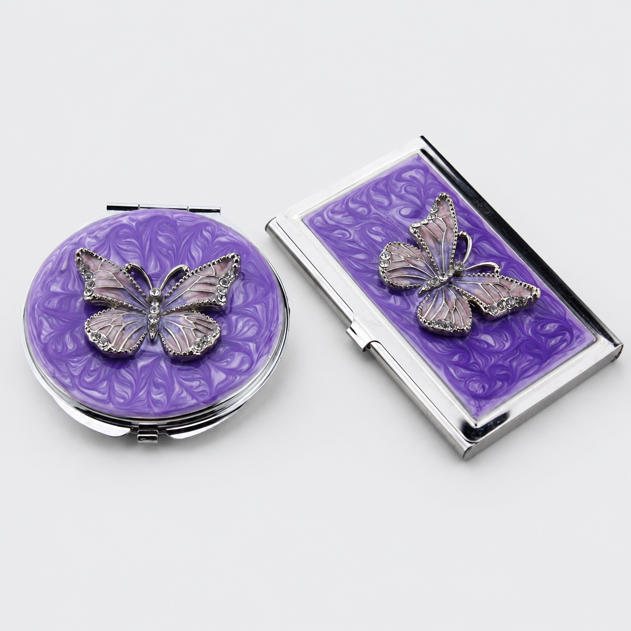 Purple Butterfly Compact Mirror & Card Holder Set