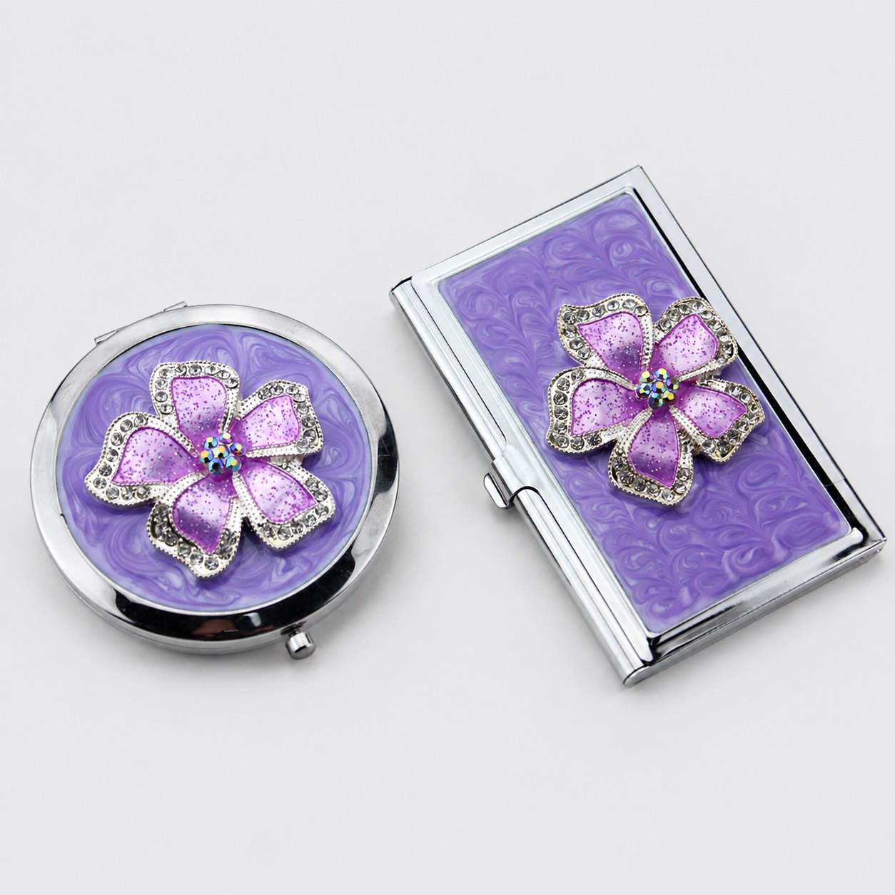 Purple Flower Compact Mirror & Card Holder Set