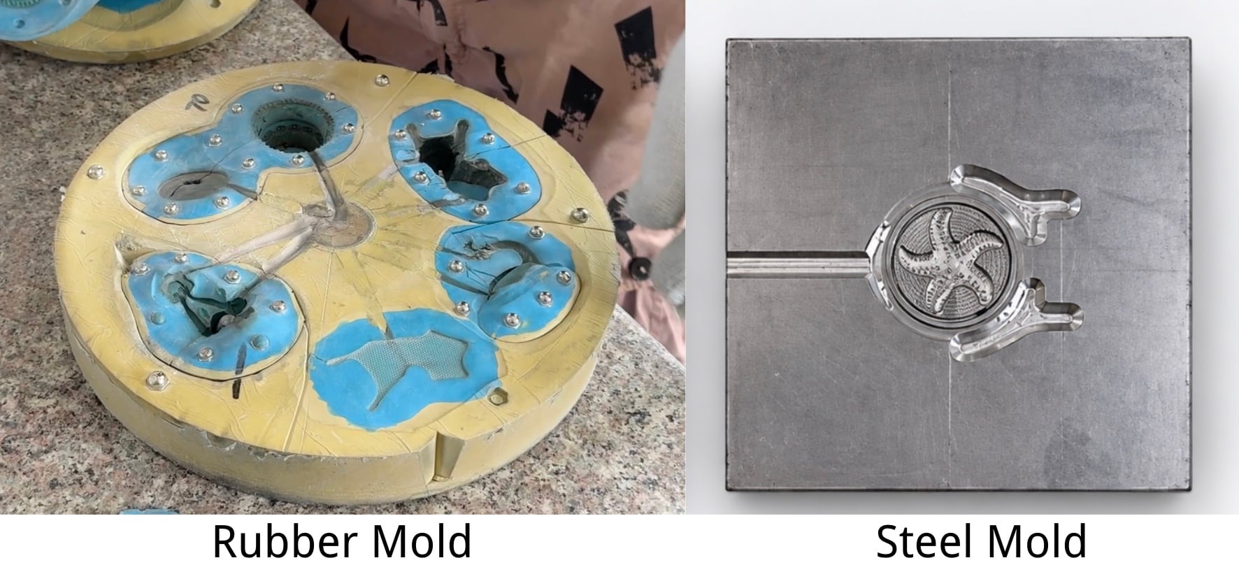 Side-by-side comparison of a rubber mold and a steel mold for casting metal gift components