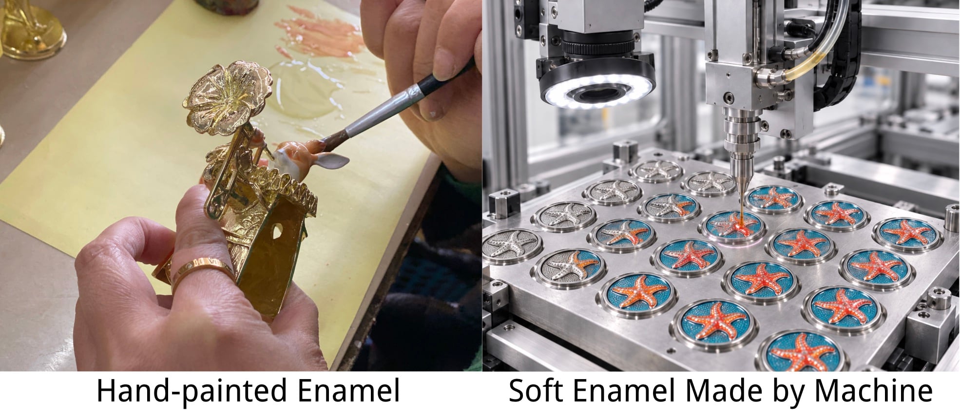 Side-by-side view of hand-painted enamel detailing and automated soft enamel color filling